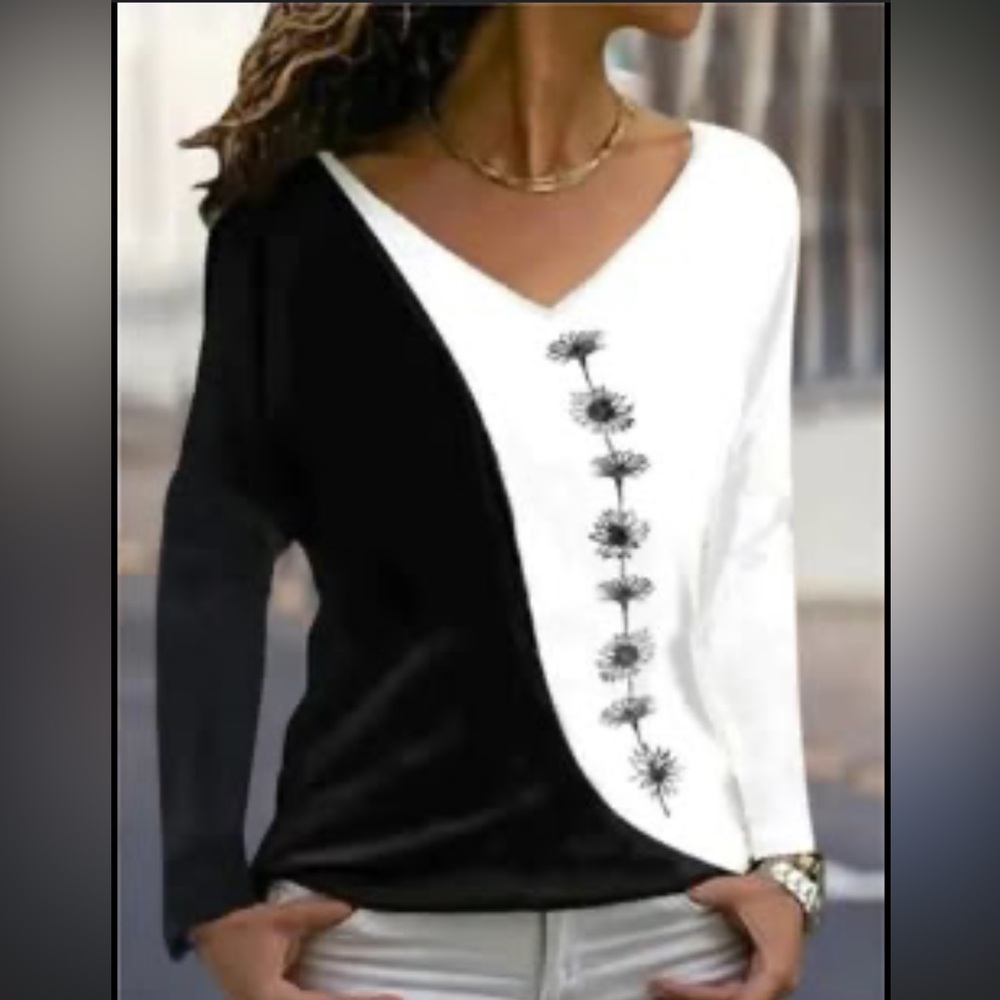 H&M Black and White Asymmetrical Long Sleeve Blouse